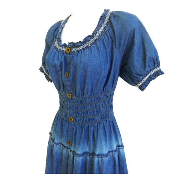 Lapis Denim Maxi Dress Prairie Tiered Puff Sleeves Embroidery Smocked Waist M - Picture 3 of 8